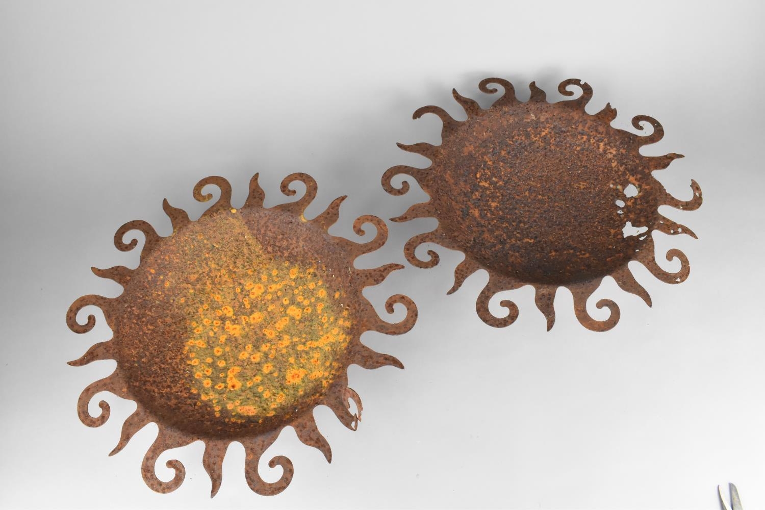 A Collection of Weathered Metalware to Comprise Two Starburst Fret Cut Metal Dishes on Ball Feet, - Image 3 of 4