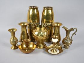 A Collection of Various Brass Vases and Candlesticks, Tallest 20cms High