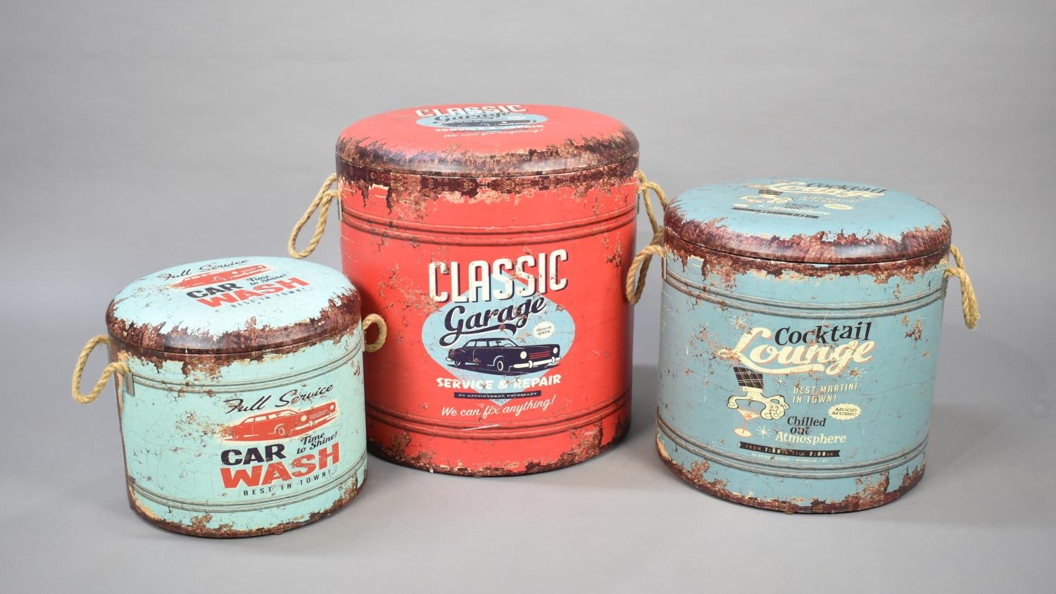 Three Reproduction American Style Stools in the Manner of Cylindrical Tins and Inscribed Classic