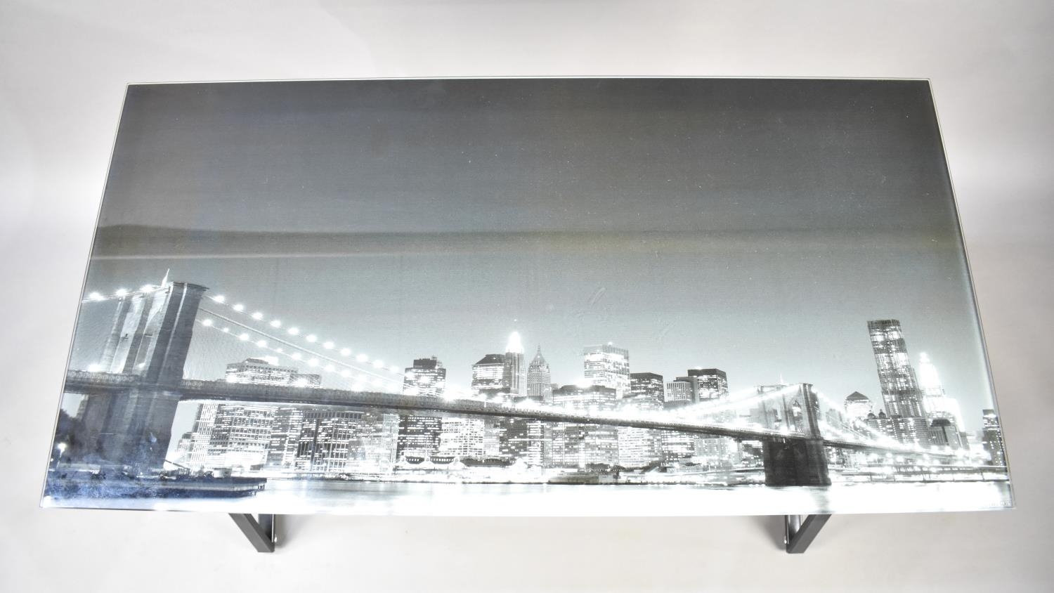 A Modern Metal Framed Computer Desk with Monochrome Photograph of Brooklyn by Night, 105cms by 55cms - Image 2 of 2