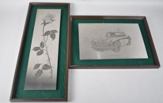 Two Engraved Stainless Steel Plates, Rose and Austin Healey, Latter 39x29cms Overall