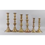 Three Pairs of Victorian Brass Candlesticks, all with Pushers, Tallest 25cms High