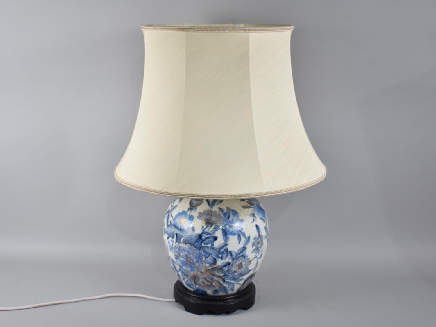 An Oriental Table Lamp and Shade in the Form of a Lidded Ginger Jar, 55cms High Overall