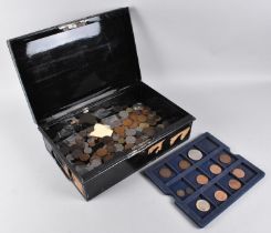 A Black Painted Metal Cash Tin Containing Various Silver Plated and Copper Coinage in