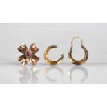 A Pair of 9ct Gold Hoop Earrings and a Gold Metal Floral Pendant (Missing Bale) with Central Pink
