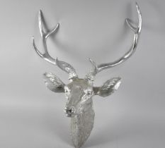 A Modern Silver Sprayed Model of a Stag's Head with Four Point Antlers, 59cms High