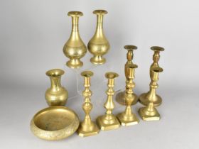 A Collection of Various Brass to Comprise Candlesticks, Indian Nielo Bottle Vases and Bowl and a