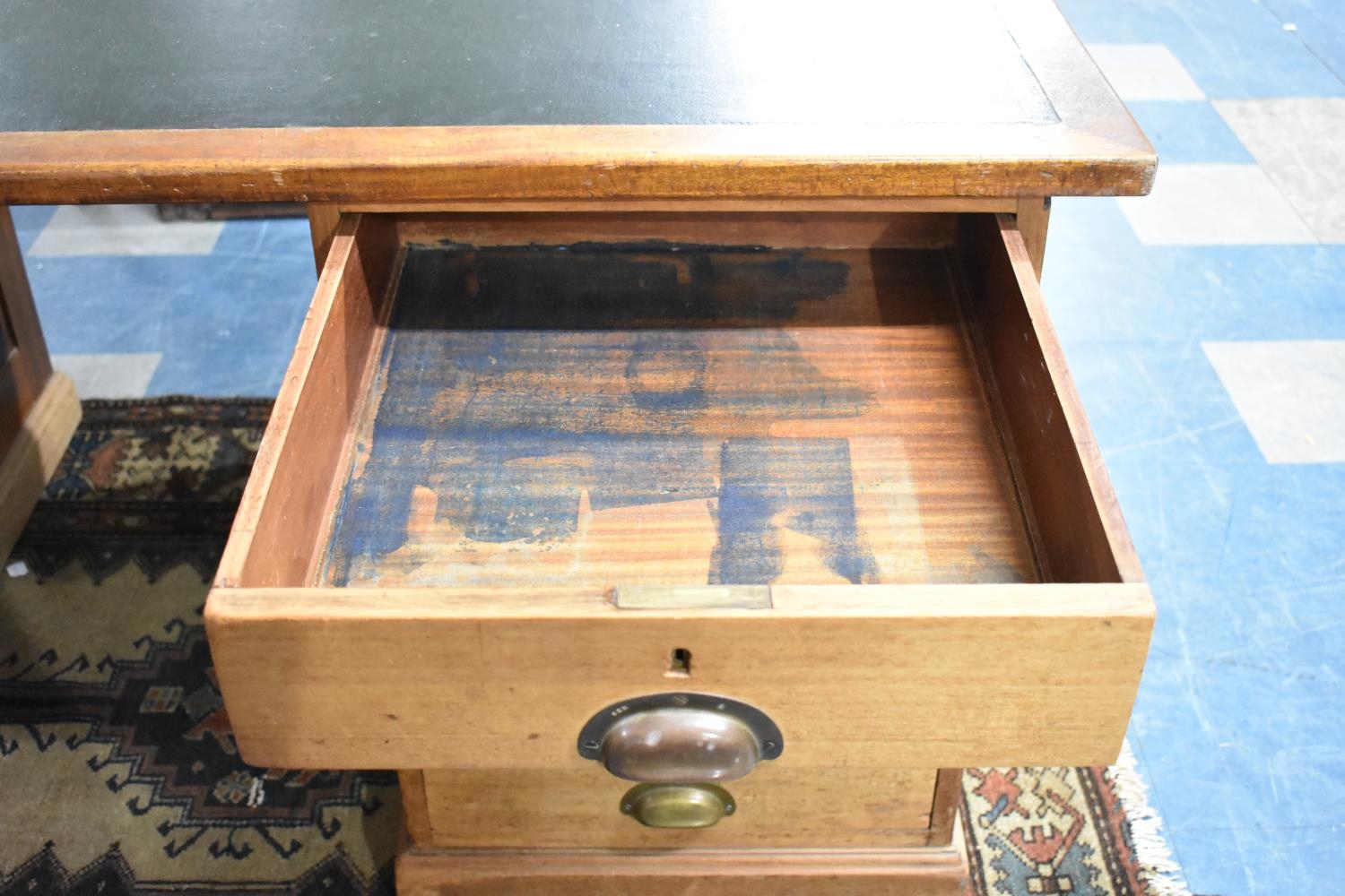 An Edwardian Kneehole Writing Desk, Rexine Top and Three Drawers Either Side Kneehole, 160cms Wide - Image 3 of 4