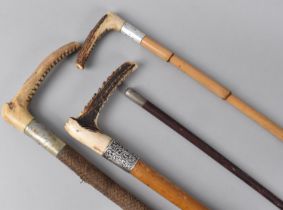 A Collection of Three Riding Crops to include Silver Mounted Malacca Example with Antler Handle by