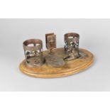 A French Bronze Desktop Stand with Two Cylindrical Pierced Containers, Matchbox Holder, Shallow Oval