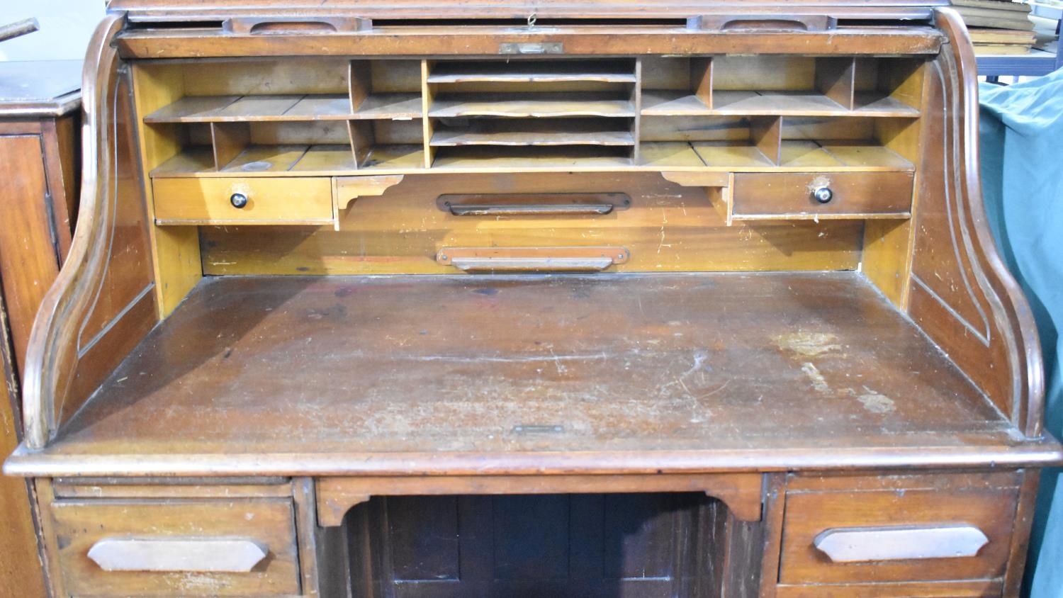 An Edwardian Roll Top Kneehole Desk with Fitted Interior and Four Drawers Either Side Kneehole, - Image 2 of 2