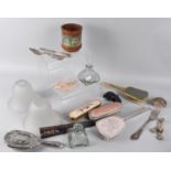 A Collection of Various Sundries to include Dressing Table Brushes, Glass Light Shades Etc