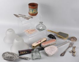 A Collection of Various Sundries to include Dressing Table Brushes, Glass Light Shades Etc
