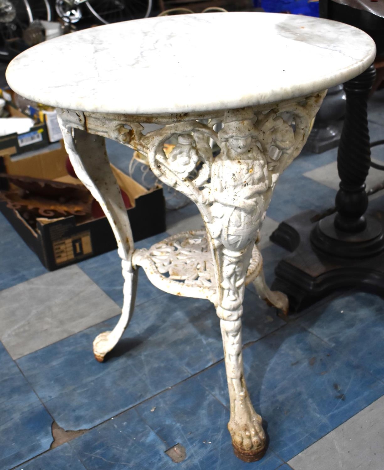 A White Painted Cast Iron Britannia Pub Table with Marble Top, 76cm Diameter Top, 62cm Diameter Top