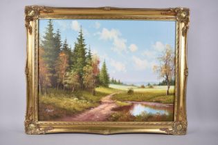 A Gilt Framed Oil on Canvas Depicting Path Beside Forest, 60x44cms