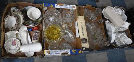 Four Boxes of Various Ceramics and Glassware to Comprise Plates, Kitchenwares, Cut Glass Bowls etc