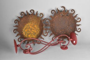 A Collection of Weathered Metalware to Comprise Two Starburst Fret Cut Metal Dishes on Ball Feet,