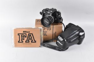 A Nikon FA SLR Camera in Black with Instruction Manual and Motor Drive