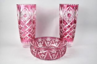A Pair of Bohemian Overlaid Cut Glass Tall Vases, 31cms High Together with a Similar Bowl, 23cms