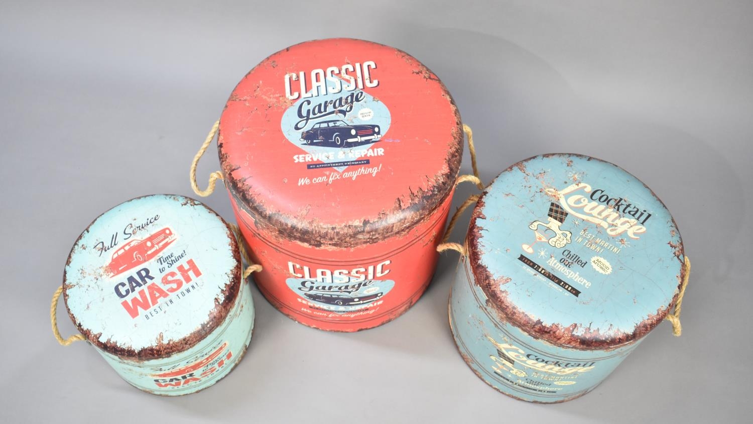 Three Reproduction American Style Stools in the Manner of Cylindrical Tins and Inscribed Classic - Image 2 of 2