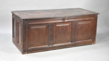 A 19th Century Oak Three Panel Coffer Chest with Hinged Lid, Centre Panel Monogrammed MH, 104cms