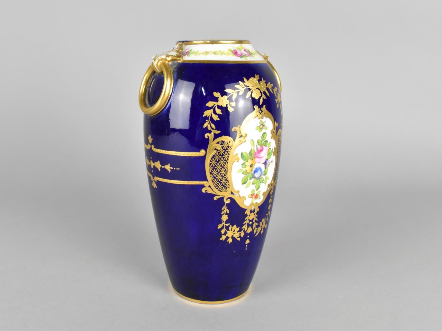 A Mintons Vase Decorated with Hand Painted Floral Cartouches on Blue Ground with Gilt Detailing, the - Image 2 of 4