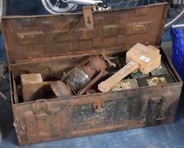 A Vintage Ammunition/Tool Box Containing Various Vintage Items to Comprise Mallets, Oil Lamp etc