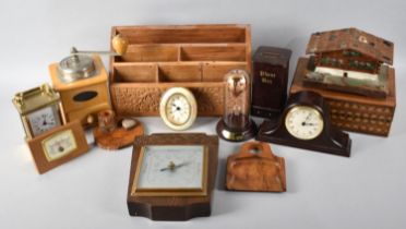 A Collection of Various Mid 20th Century Treen to include Clocks, Stationery Rack Etc