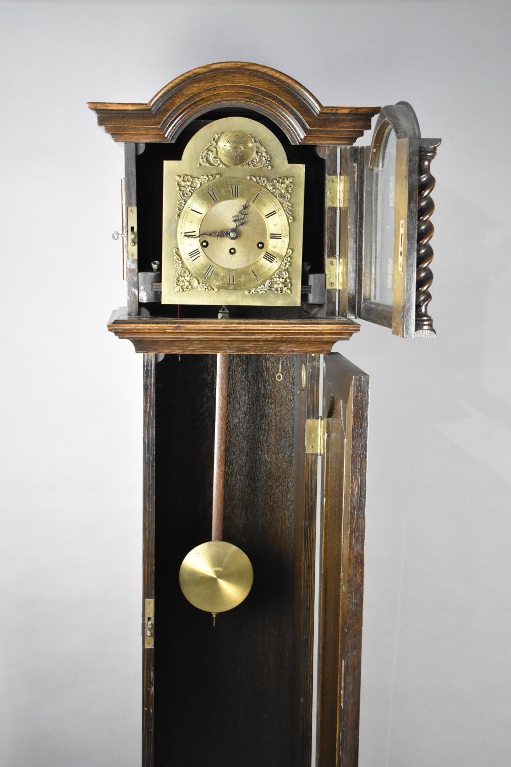 A Mid 20th Century Oak Grandmother Clock with Brass Tempus Fugit Arched Dial, Westminster Chime - Image 3 of 3