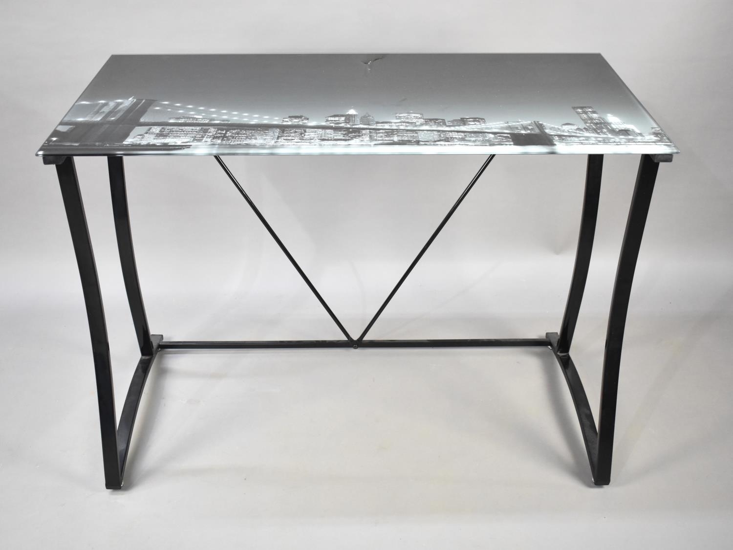 A Modern Metal Framed Computer Desk with Monochrome Photograph of Brooklyn by Night, 105cms by 55cms