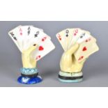 Two Mid 20th Century Novelty Ceramic Boxes in the form of Hands Holding High Scoring Poker Cards,