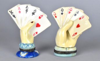Two Mid 20th Century Novelty Ceramic Boxes in the form of Hands Holding High Scoring Poker Cards,