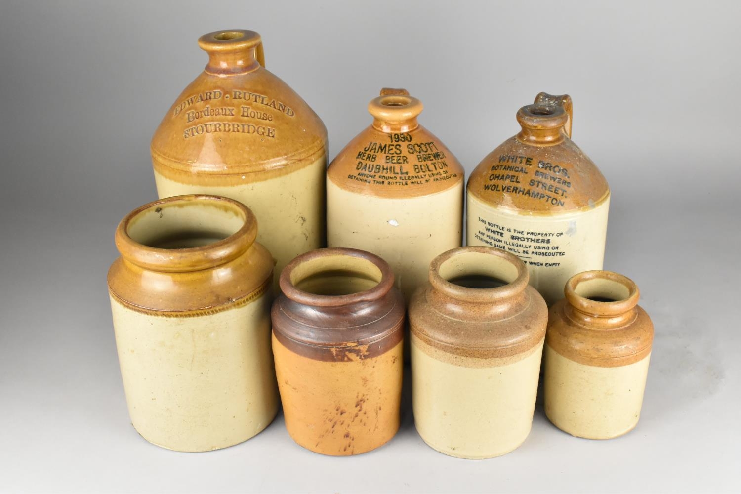 Three Brewers Glazed Stoneware Bottles, White Bros., Wolverhampton, James Scott, Bolton and Edward