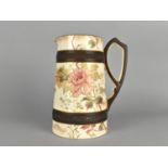 A Late 19th Century Aesthetic Jug Hand Painted with Flowers and Having Brown Scrolled Handle and