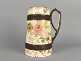 A Late 19th Century Aesthetic Jug Hand Painted with Flowers and Having Brown Scrolled Handle and