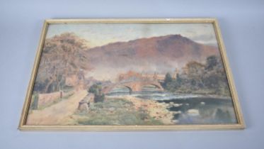 A Framed Watercolour, Village Scene with Bridge, Frame Measuring 54x36cms