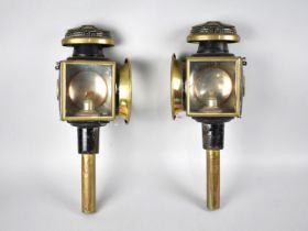A Pair of Late Victorian Brass Mounted Metal Trap lamps, 46cms High