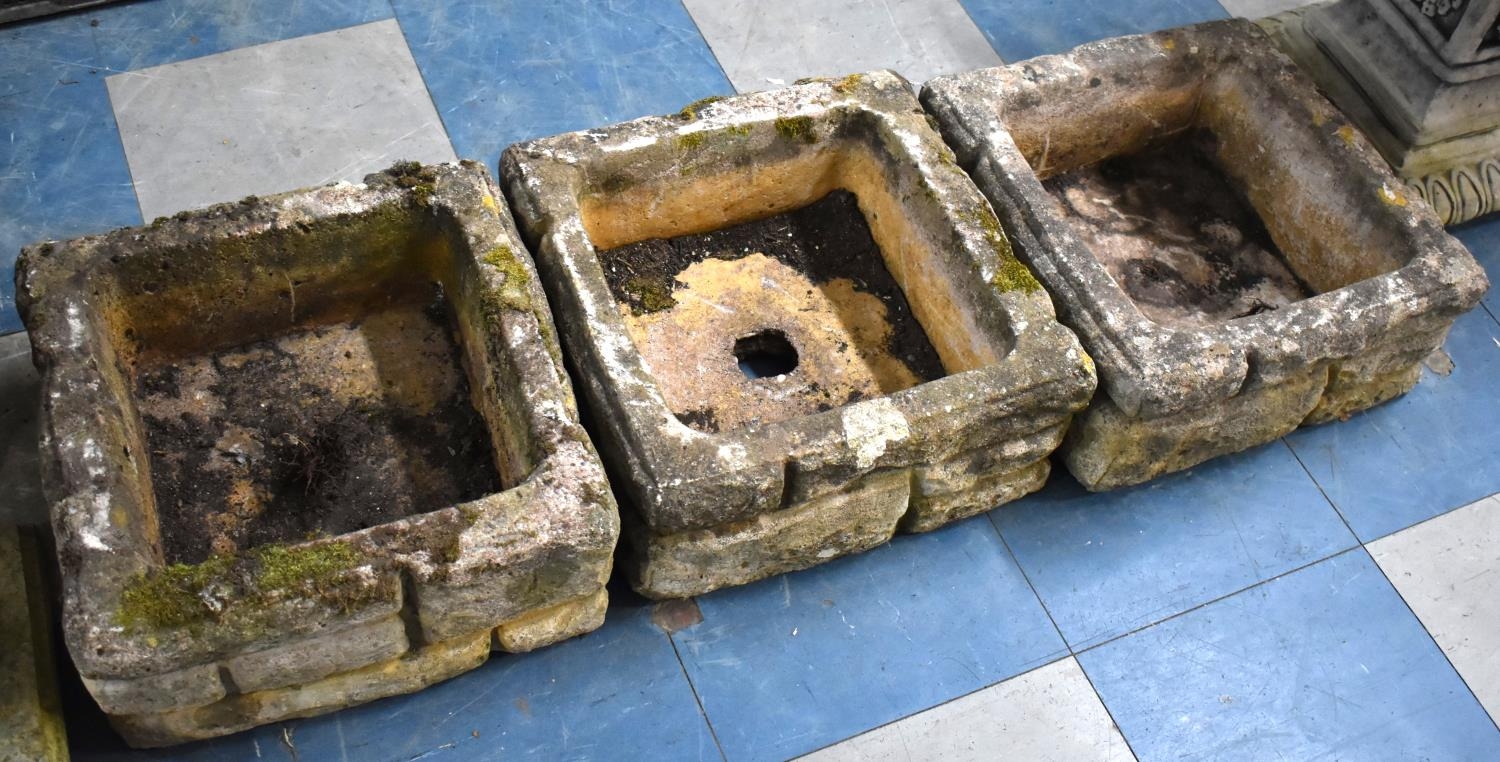 Three Reconstituted Stone Garden Planters of Square Form, 38cm Square,