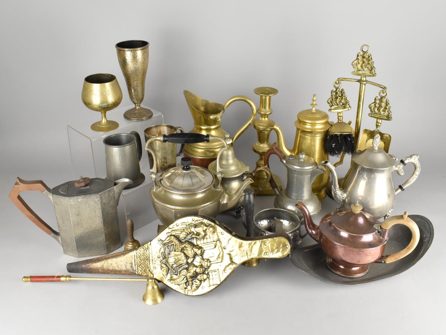 A Collection of Various Metalwares to Comprise Brass Candlestick, Fire Tidy, Pewter, Silver Plate