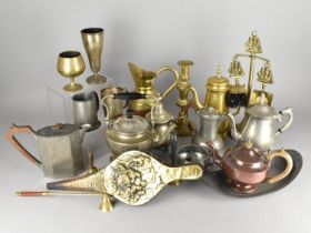 A Collection of Various Metalwares to Comprise Brass Candlestick, Fire Tidy, Pewter, Silver Plate