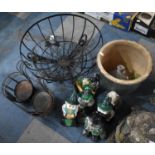 A Collection of Garden Items to Comprise Gnomes, Planter, Wrought Metal Plant Hangers etc