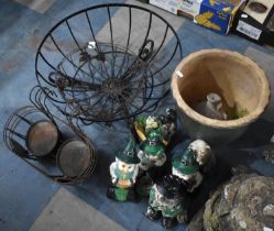 A Collection of Garden Items to Comprise Gnomes, Planter, Wrought Metal Plant Hangers etc