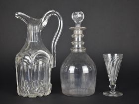 Three Pieces of 19th/20th Century Glass to Comprise Cut Glass Ewer, Mallet Decanter and a Wrythen