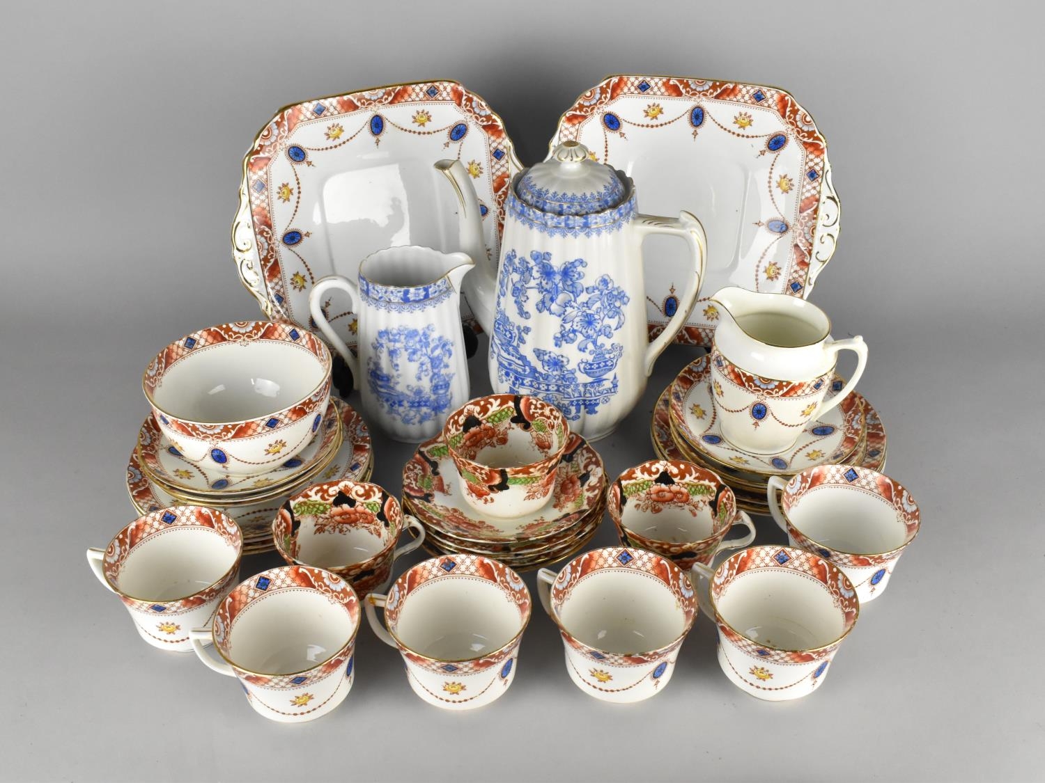A Collection of Edwardian Tea Wares to Comprise Tea Set, Blue and White Reeded Teapot and Matching