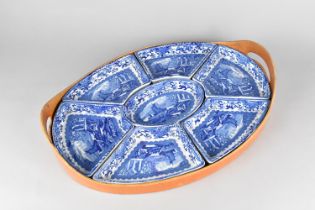 A Booths Old Blue Danube Transfer Printed Seven Section Hors D'oeuvre Tray with Two Handles, 42cms