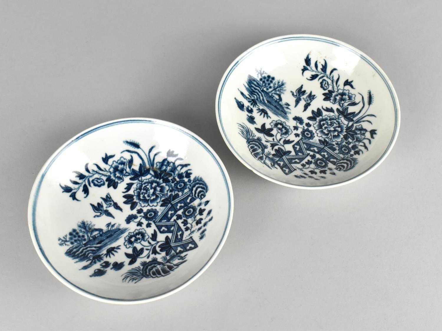 A Pair of 18th Century Worcester Blue and White Fence Pattern Dishes, 12.5cm diameter