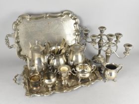 A Collection of Various Silver Plate to Comprise Large Twin Handled Trays, Teawares, Pair of Three