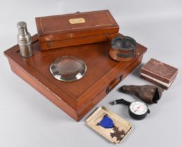 A Modern Mahogany Fitted Box with Hinged Lid Containing Cased Hydrometer, Volt Meter, Pressure Meter