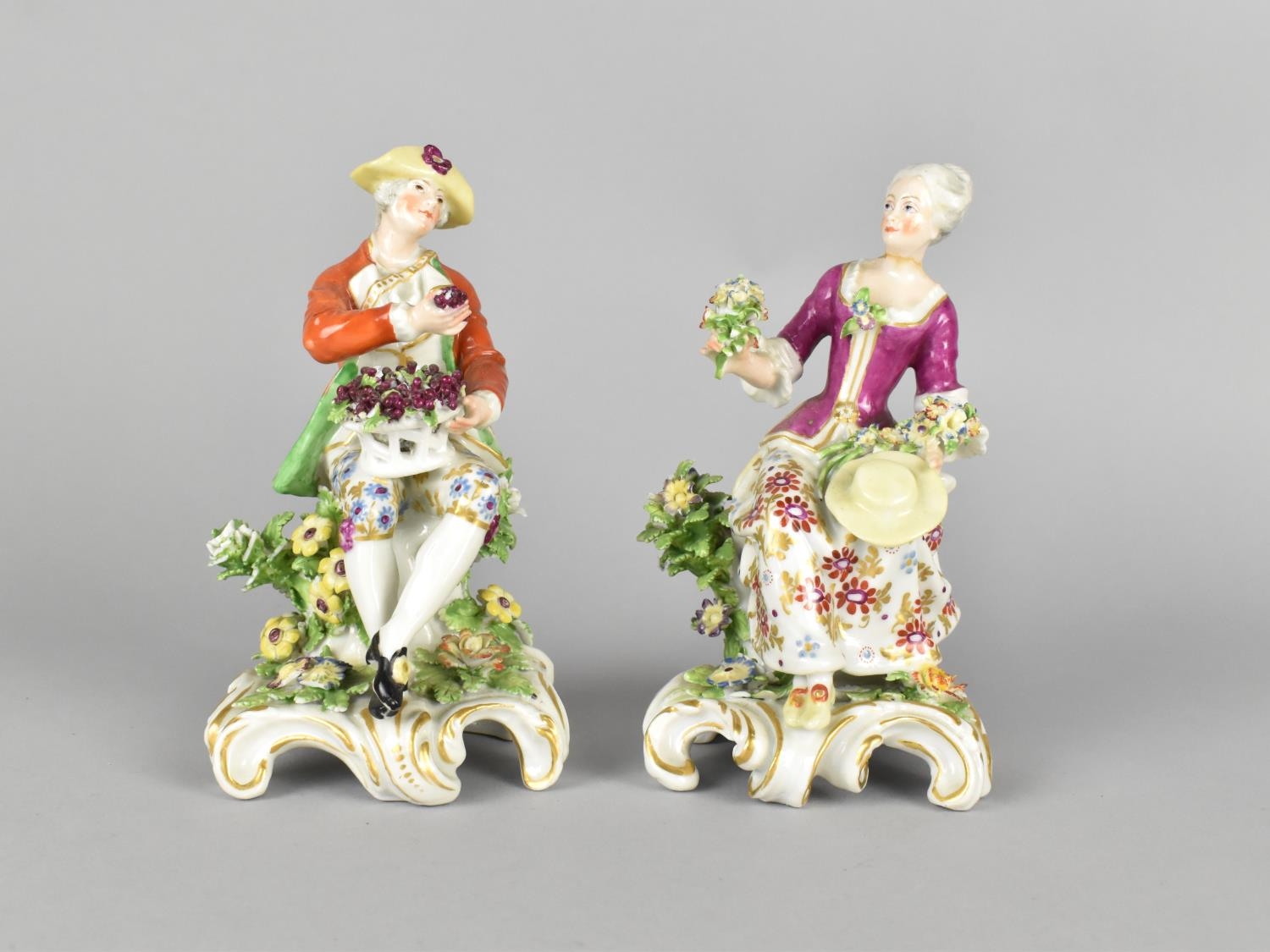 A Near Pair of Continental Porcelain Figures Modelled as Dandy and Lady with Flowers, 17cm high