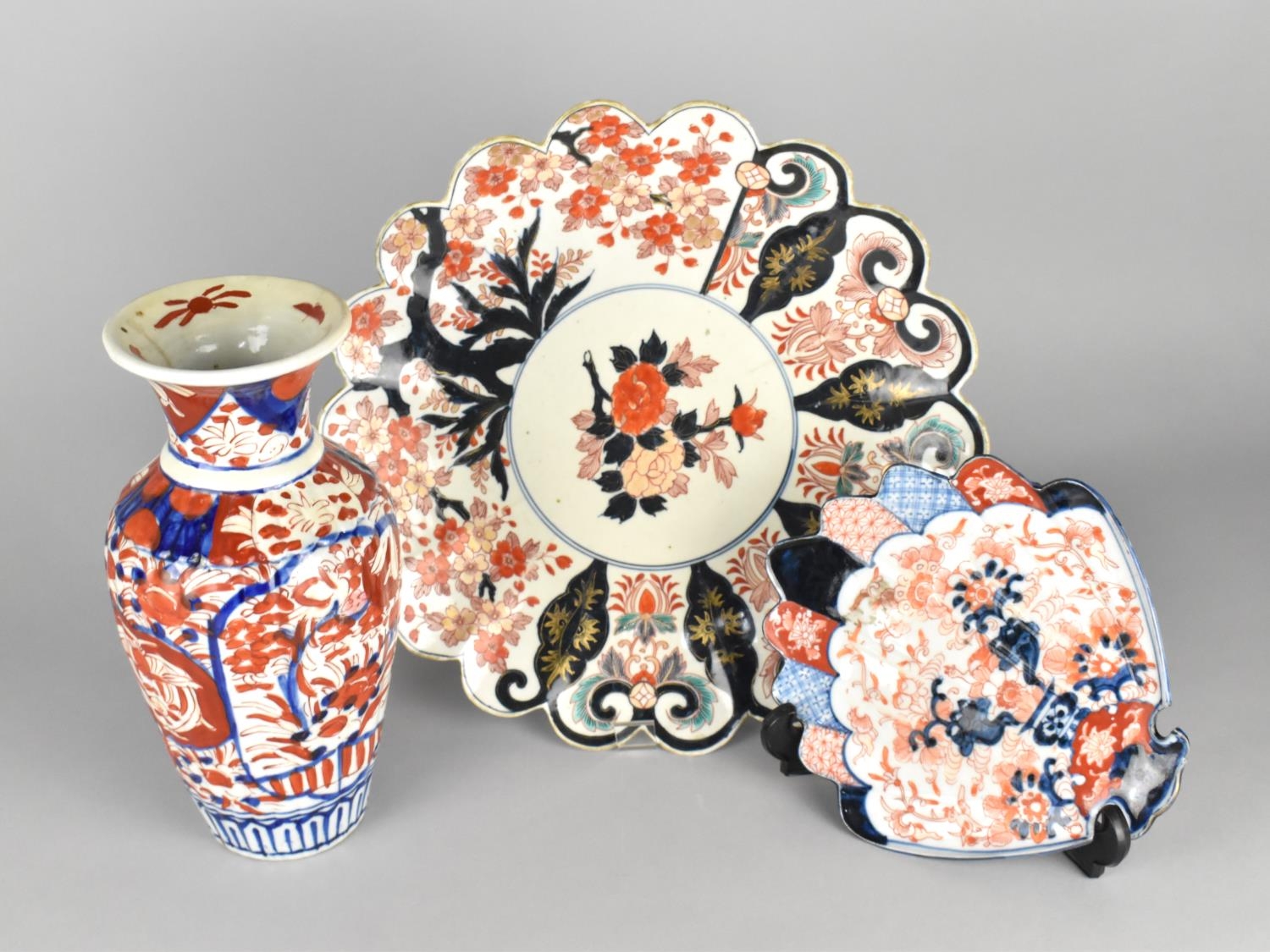 Three Pieces of 19th Century Japanese Imari to Comprise Porcelain Shaped Dish, 20cm, Scalloped Edged